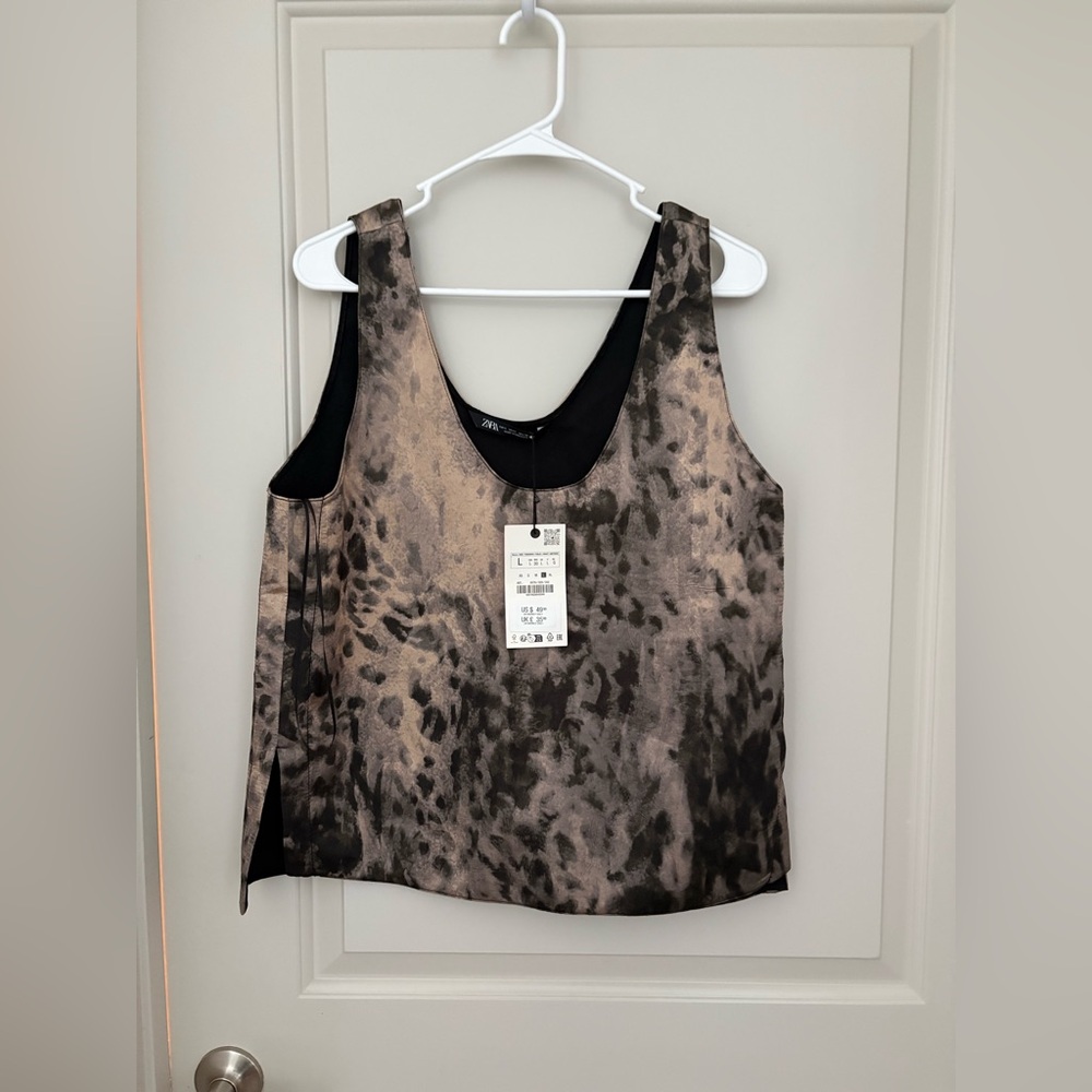 Zara Black and Brown Animal-Print Satin Tank Top
